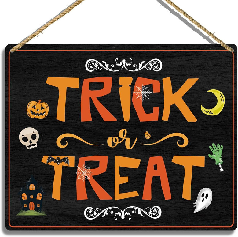 Trick Or Treat Wooden Door Sign For Spooky Halloween DéCor - Hanging Decoration For Home Entryway
