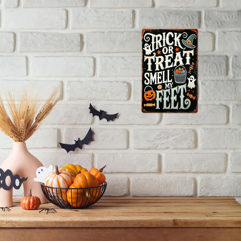 Trick Or Treat Halloween Metal Sign For Farmhouse And Haunted House Decor - Holiday Party Wall Art