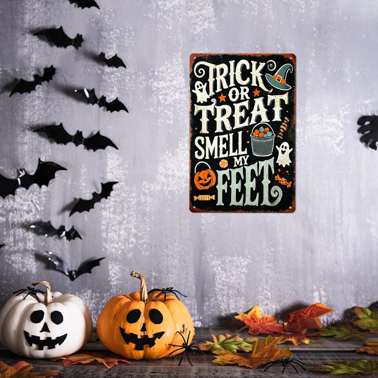 Trick Or Treat Halloween Metal Sign For Farmhouse And Haunted House Decor - Holiday Party Wall Art