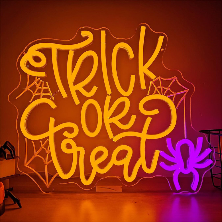 Dimmable Trick Or Treat Neon Sign - Spider LED Light For Halloween Party & Home Bar