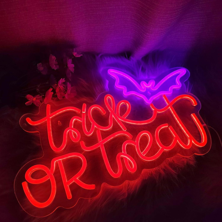 Halloween Trick Or Treat LED Neon Sign - Kids Room & Party Wall Art Decoration With USB Powered, Dimmable Window Light