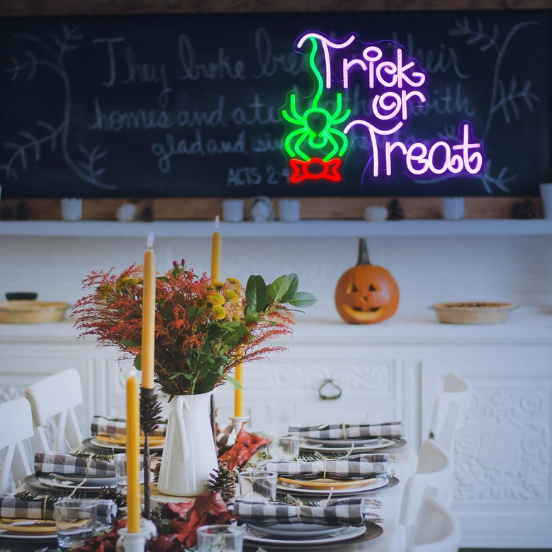 Trick Or Treat Neon Sign LED Light - Funny Spider Theme Halloween Party Decor