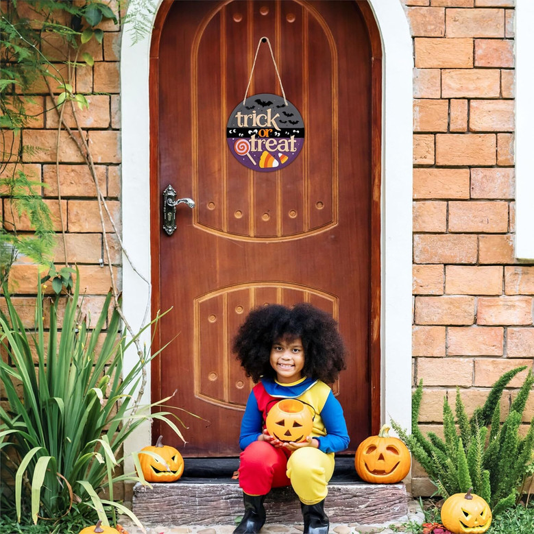 Trick Or Treat Halloween Wood Sign With Watercolor Bats - Indoor Welcome Plaque For Home Decoration
