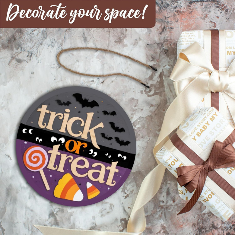 Trick Or Treat Halloween Wood Sign With Watercolor Bats - Indoor Welcome Plaque For Home Decoration