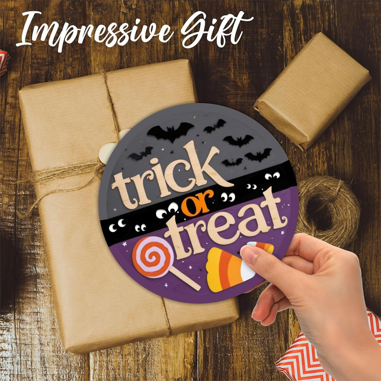 Trick Or Treat Halloween Wood Sign With Watercolor Bats - Indoor Welcome Plaque For Home Decoration