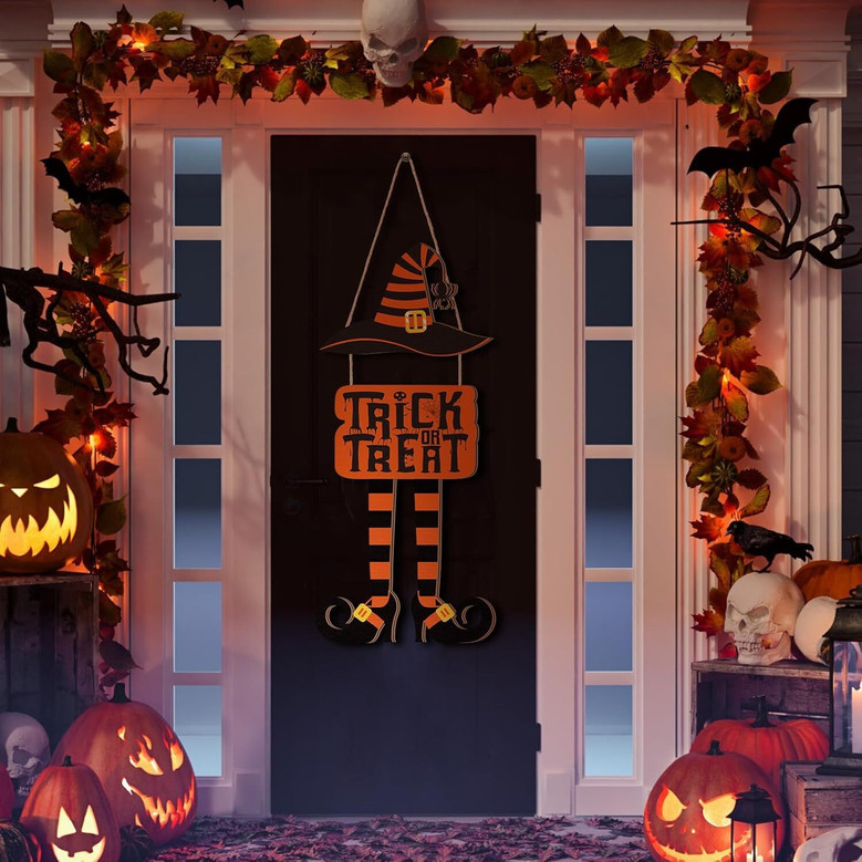 Halloween Trick Or Treat Wooden Sign With Witch Legs Hat - Rustic Front Door Hanger For Porch Indoor Outdoor
