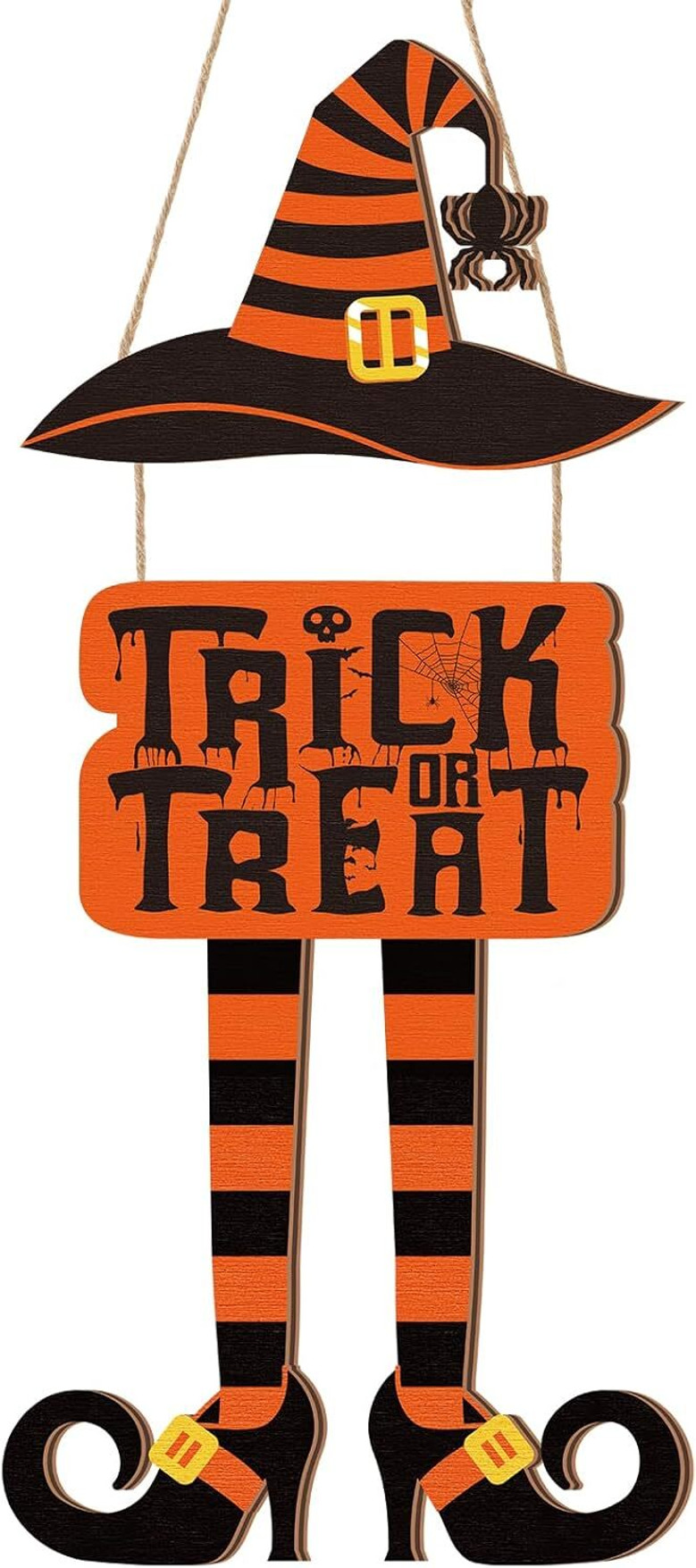 Halloween Trick Or Treat Wooden Sign With Witch Legs Hat - Rustic Front Door Hanger For Porch Indoor Outdoor