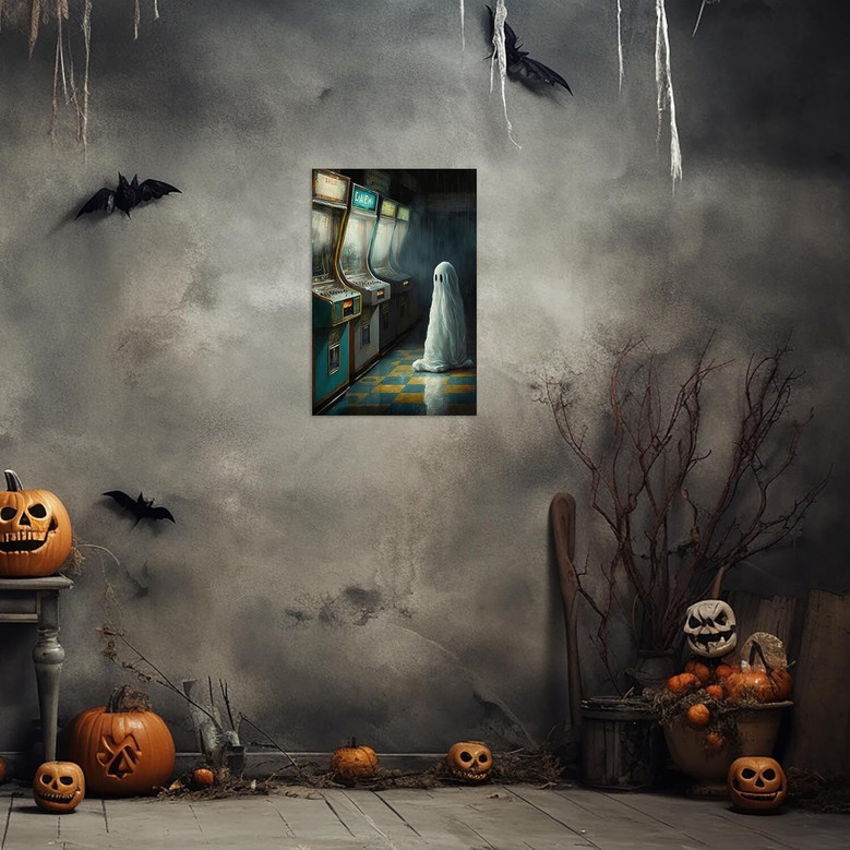 Cute Ghost In Abandoned Arcade - Gothic Halloween Canvas For Bathroom & Kitchen Decor