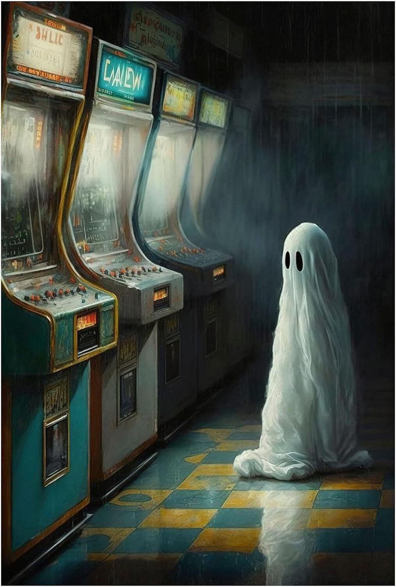 Cute Ghost In Abandoned Arcade - Gothic Halloween Canvas For Bathroom & Kitchen Decor