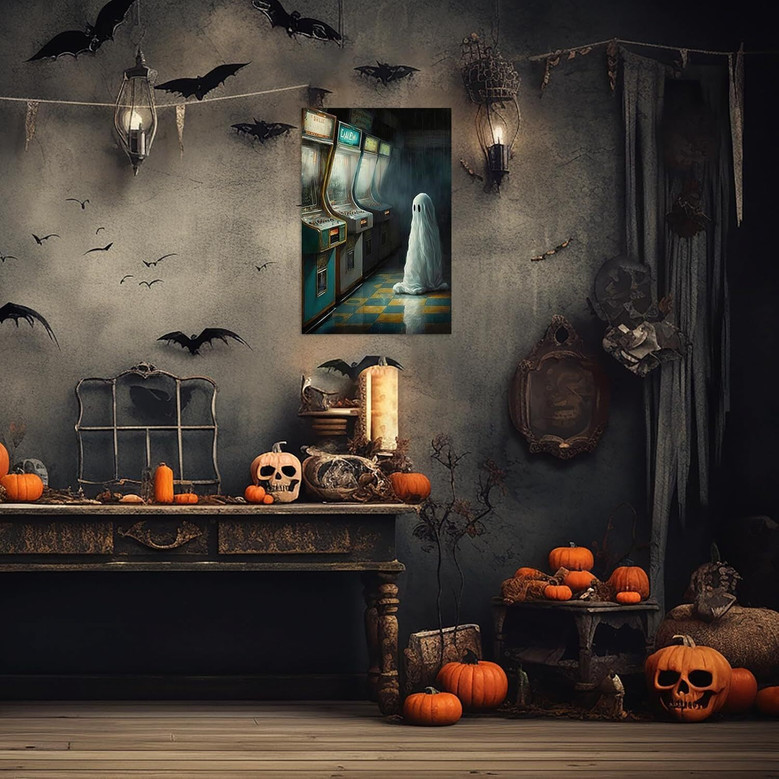 Cute Ghost In Abandoned Arcade - Gothic Halloween Canvas For Bathroom & Kitchen Decor