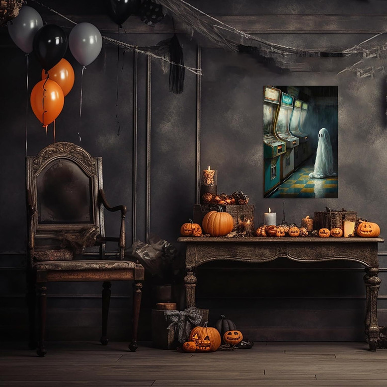 Cute Ghost In Abandoned Arcade - Gothic Halloween Canvas For Bathroom & Kitchen Decor