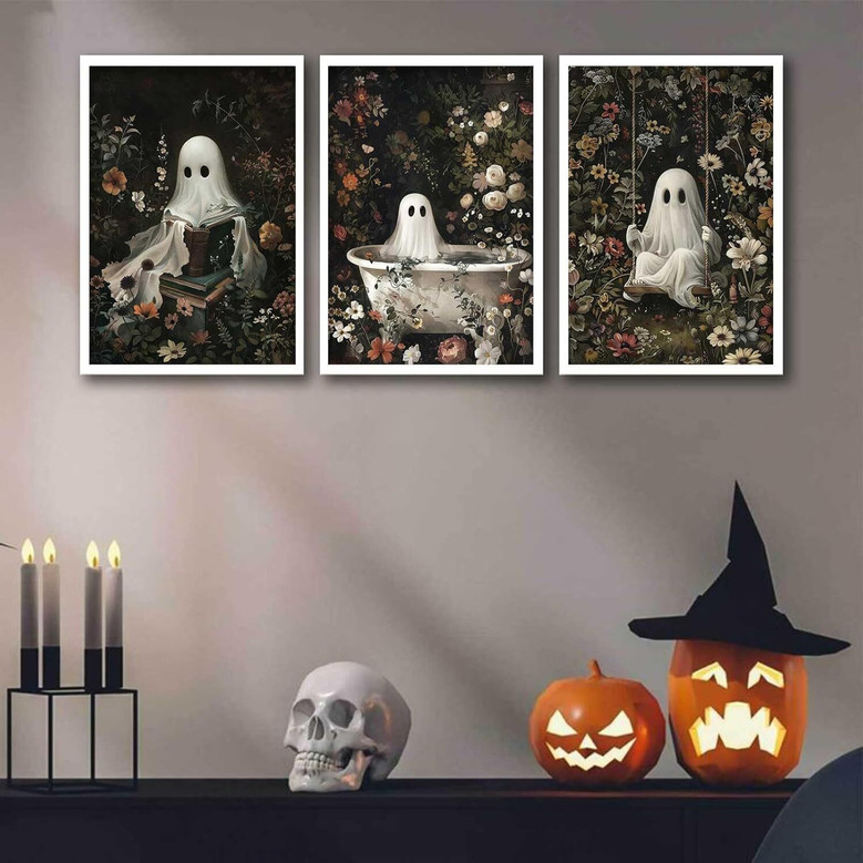3Pcs Romantic Ghost Halloween Canvas Set For Bathroom - Vintage Gothic Wall Decor With Wildflowers