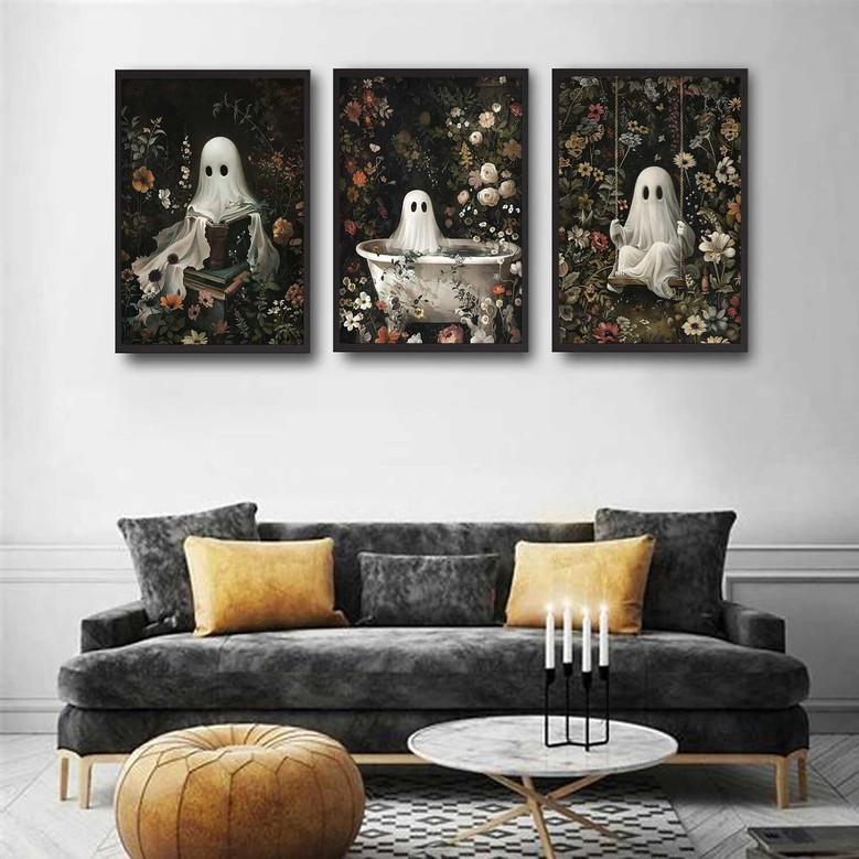 3Pcs Romantic Ghost Halloween Canvas Set For Bathroom - Vintage Gothic Wall Decor With Wildflowers