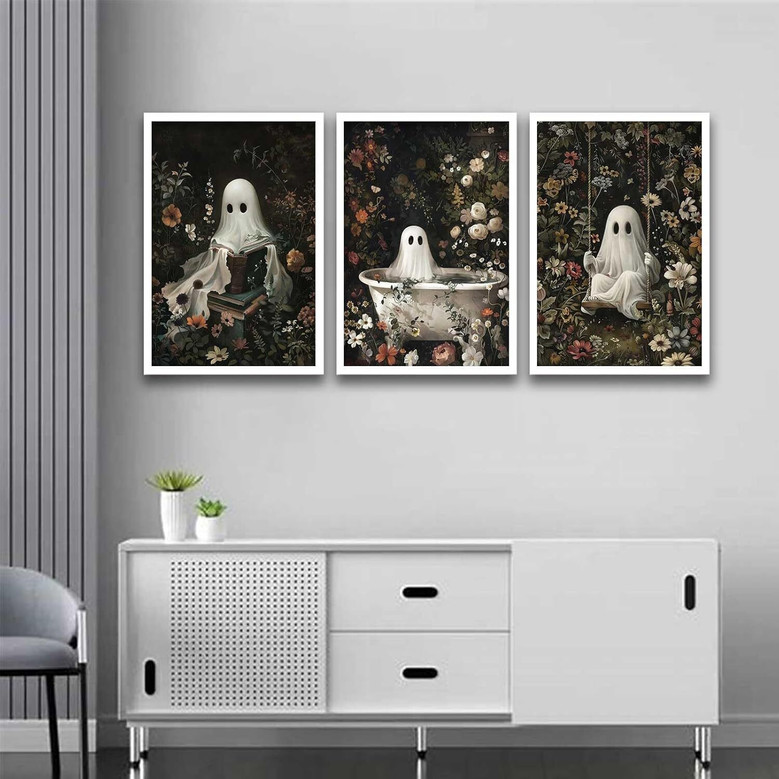 3Pcs Romantic Ghost Halloween Canvas Set For Bathroom - Vintage Gothic Wall Decor With Wildflowers
