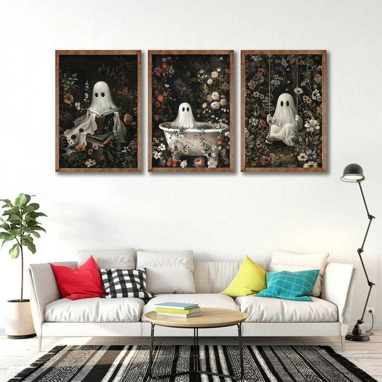 3Pcs Romantic Ghost Halloween Canvas Set For Bathroom - Vintage Gothic Wall Decor With Wildflowers