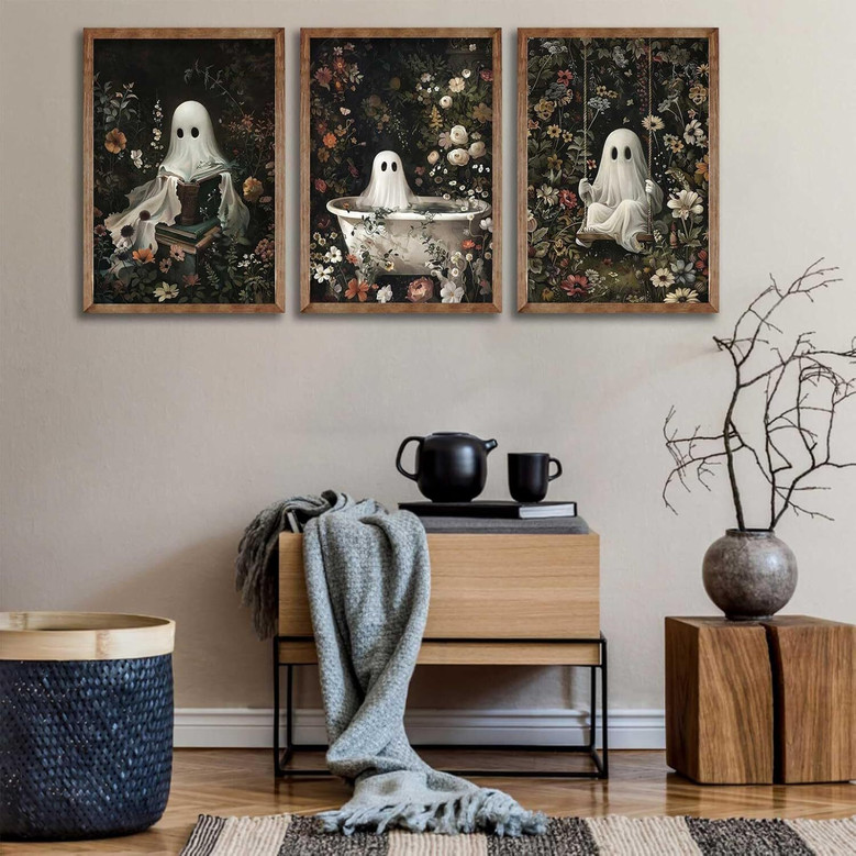 3Pcs Romantic Ghost Halloween Canvas Set For Bathroom - Vintage Gothic Wall Decor With Wildflowers