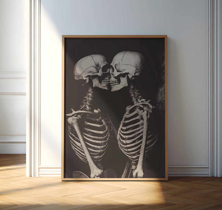 Vintage Skeleton Wall Art Canvas - Romantic Couple Kissing Print For Halloween DéCor