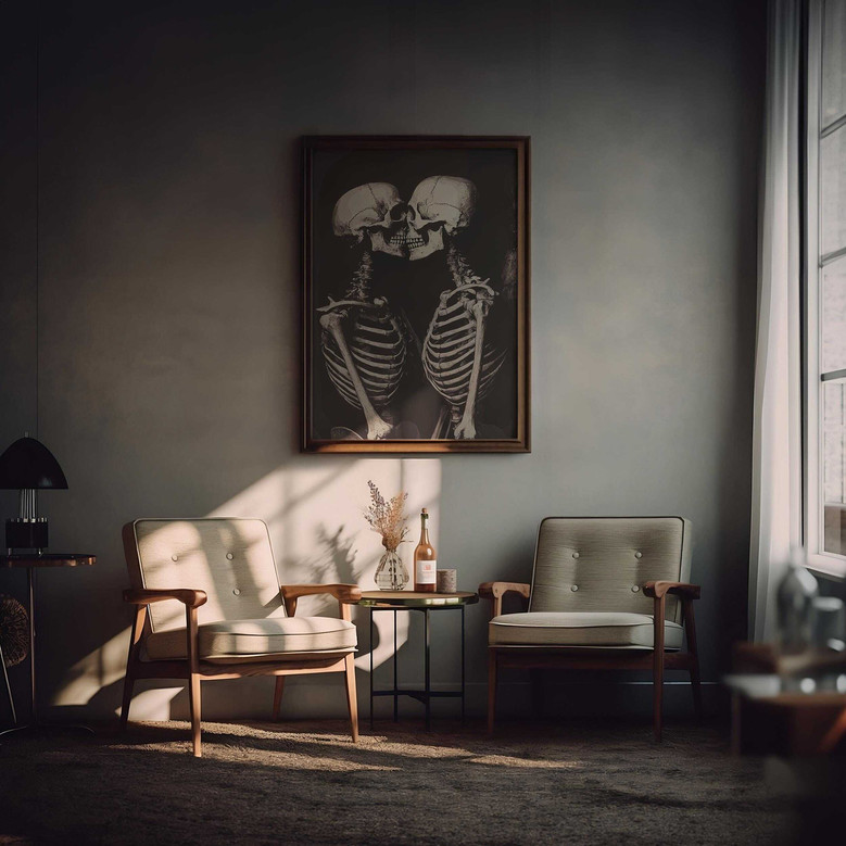 Vintage Skeleton Wall Art Canvas - Romantic Couple Kissing Print For Halloween DéCor