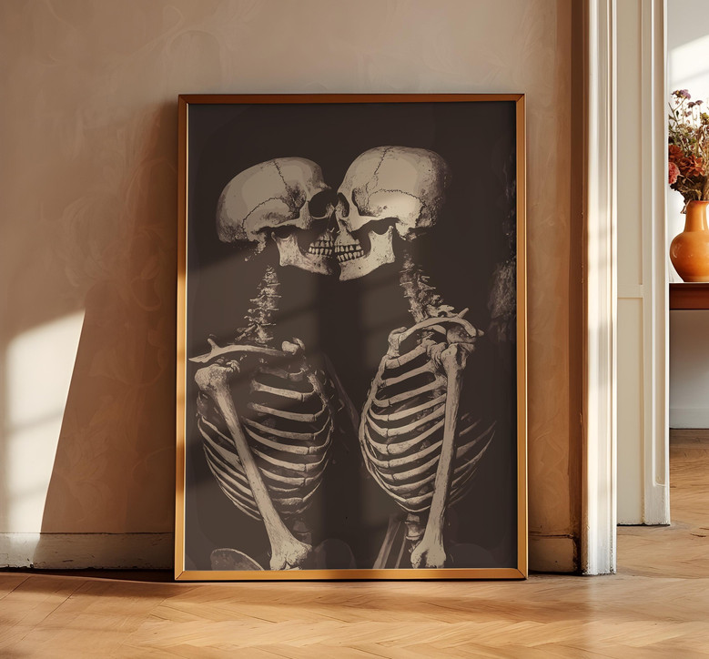 Vintage Skeleton Wall Art Canvas - Romantic Couple Kissing Print For Halloween DéCor
