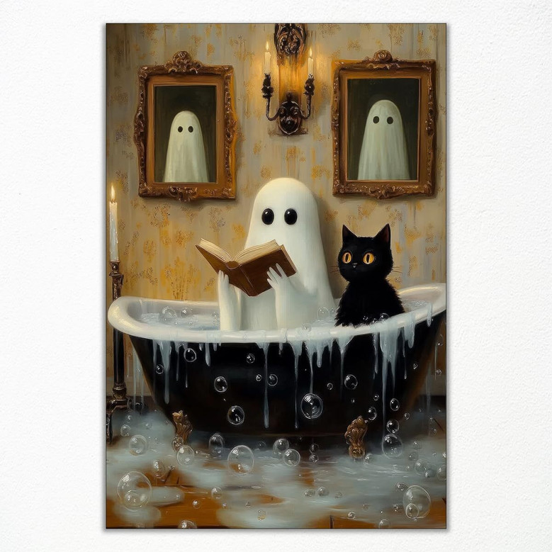 Whimsical Ghost Halloween Canvas Art For Bathroom - Gothic Black Cat & Reading Ghost In Bathtub