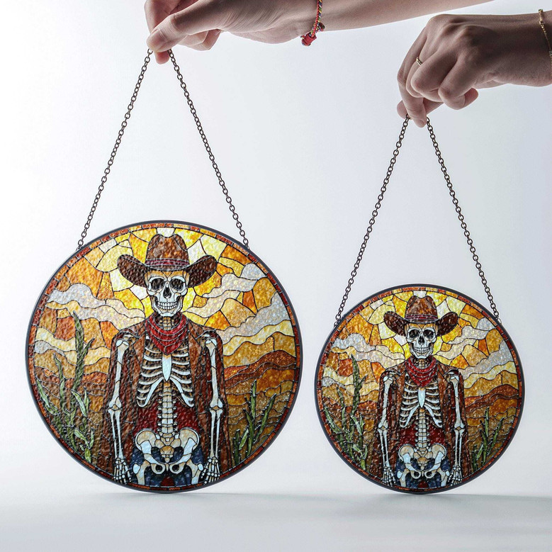 Cowboy Skeleton Stained Glass Suncatcher Gothic Western Decor Gift For Halloween Lovers
