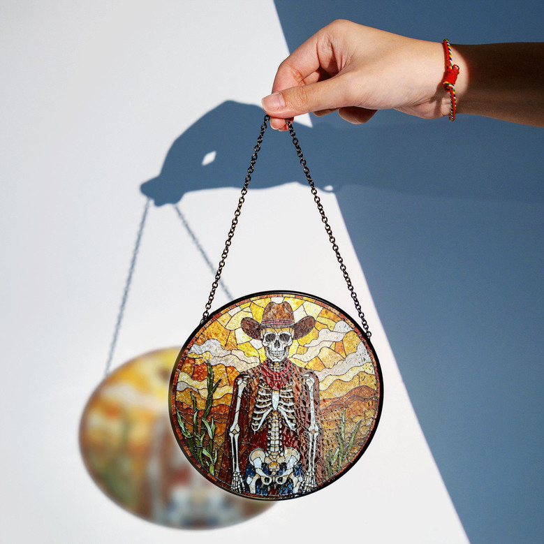Cowboy Skeleton Stained Glass Suncatcher Gothic Western Decor Gift For Halloween Lovers