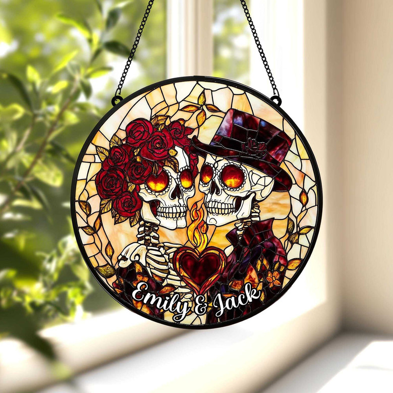 Custom Skeleton Couple Stained Glass Suncatcher For Spooky, Gothic Wedding And Halloween Anniversary Decor