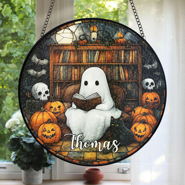 Personalized Ghost Reading Stained Glass Suncatcher For Book Lovers - Gothic Halloween Window Decor