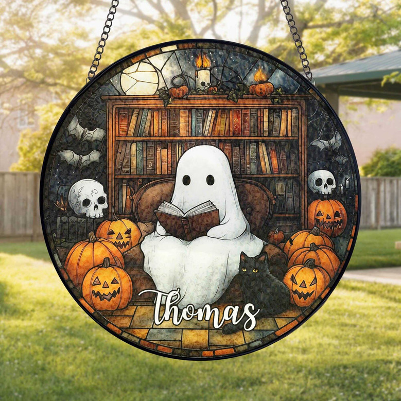 Personalized Ghost Reading Stained Glass Suncatcher For Book Lovers - Gothic Halloween Window Decor