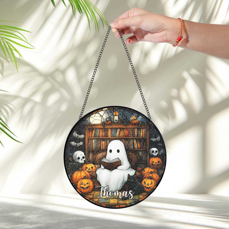 Personalized Ghost Reading Stained Glass Suncatcher For Book Lovers - Gothic Halloween Window Decor