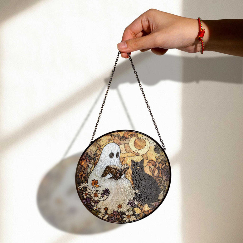 Ghost And Black Cat Halloween Stained Glass Suncatcher - Cozy Autumn Floral Decor For Book Lovers' Windows
