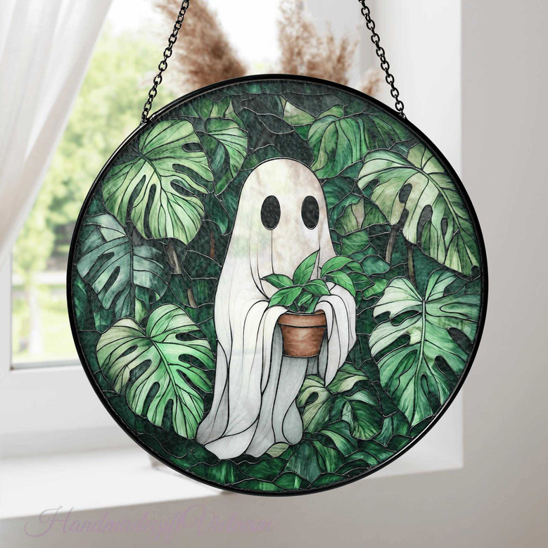 Cute Ghost Plant Stained Glass Suncatcher For Halloween - Monstera Lovers' Window Decor