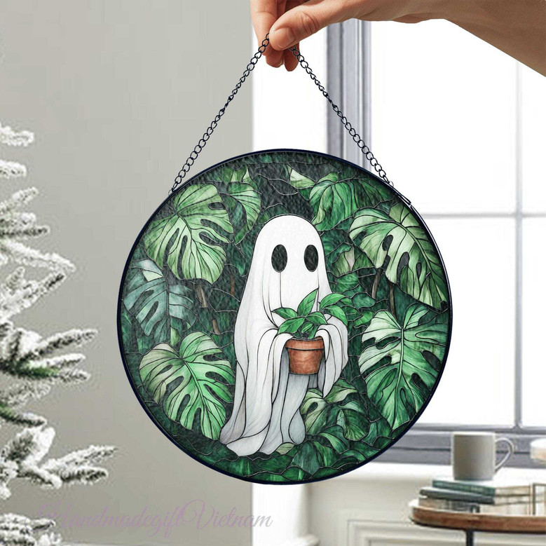 Cute Ghost Plant Stained Glass Suncatcher For Halloween - Monstera Lovers' Window Decor