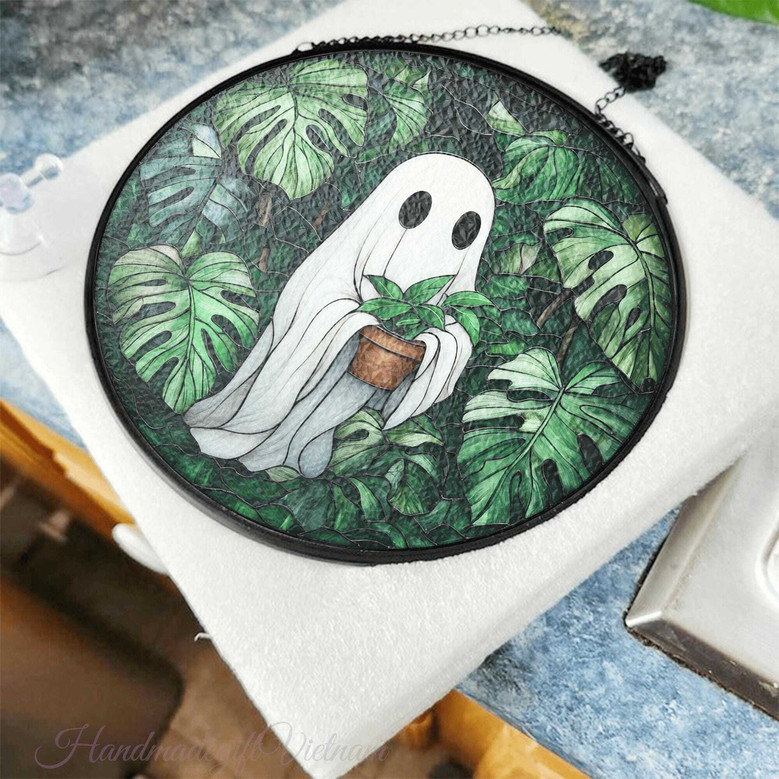 Cute Ghost Plant Stained Glass Suncatcher For Halloween - Monstera Lovers' Window Decor