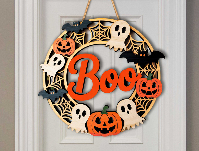 Cute Spooky Halloween Boo Sign With Ghosts Bats Pumpkins And Spiderwebs For Indoor Or Outdoor Door DéCor