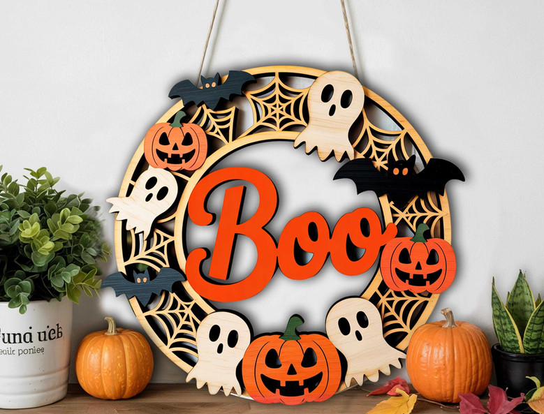 Cute Spooky Halloween Boo Sign With Ghosts Bats Pumpkins And Spiderwebs For Indoor Or Outdoor Door DéCor