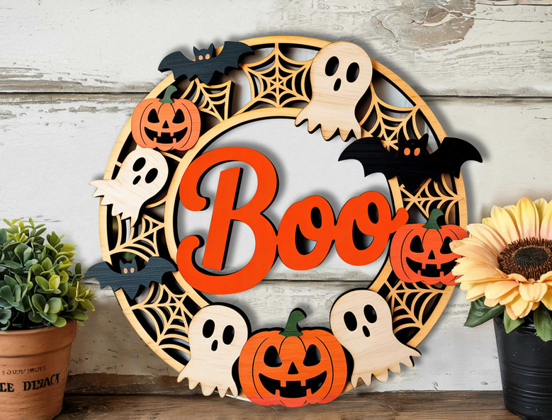 Cute Spooky Halloween Boo Sign With Ghosts Bats Pumpkins And Spiderwebs For Indoor Or Outdoor Door DéCor