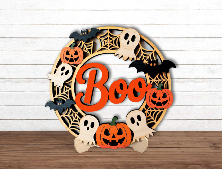 Cute Spooky Halloween Boo Sign With Ghosts Bats Pumpkins And Spiderwebs For Indoor Or Outdoor Door DéCor