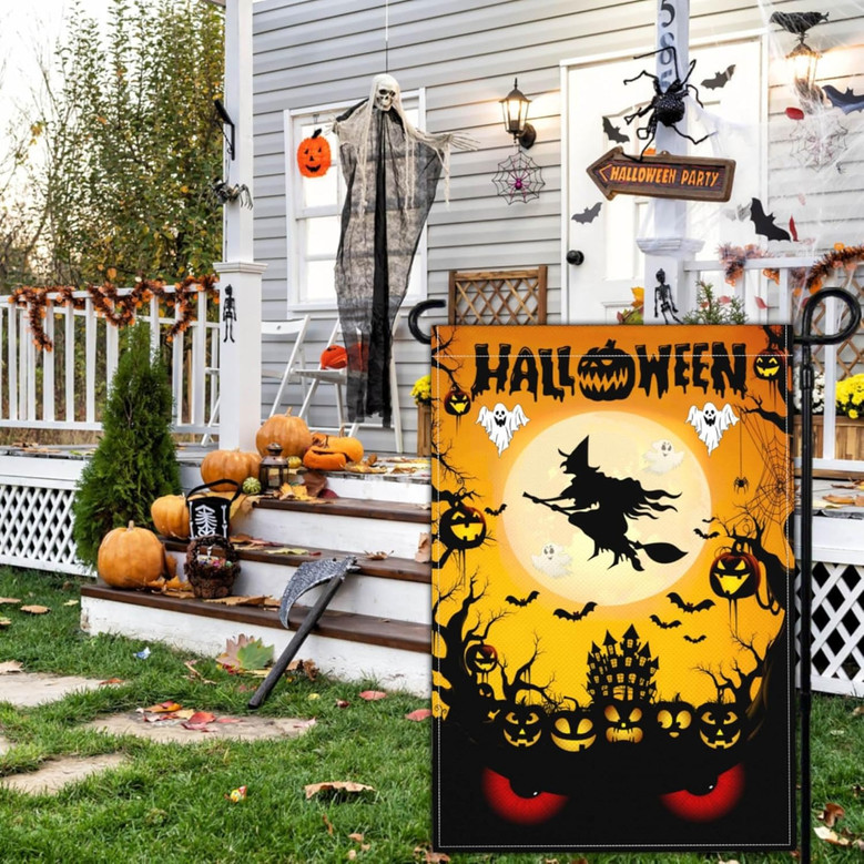 Halloween Garden Flag – Double-Sided Witch & Pumpkin Yard Sign for Spooky Decor