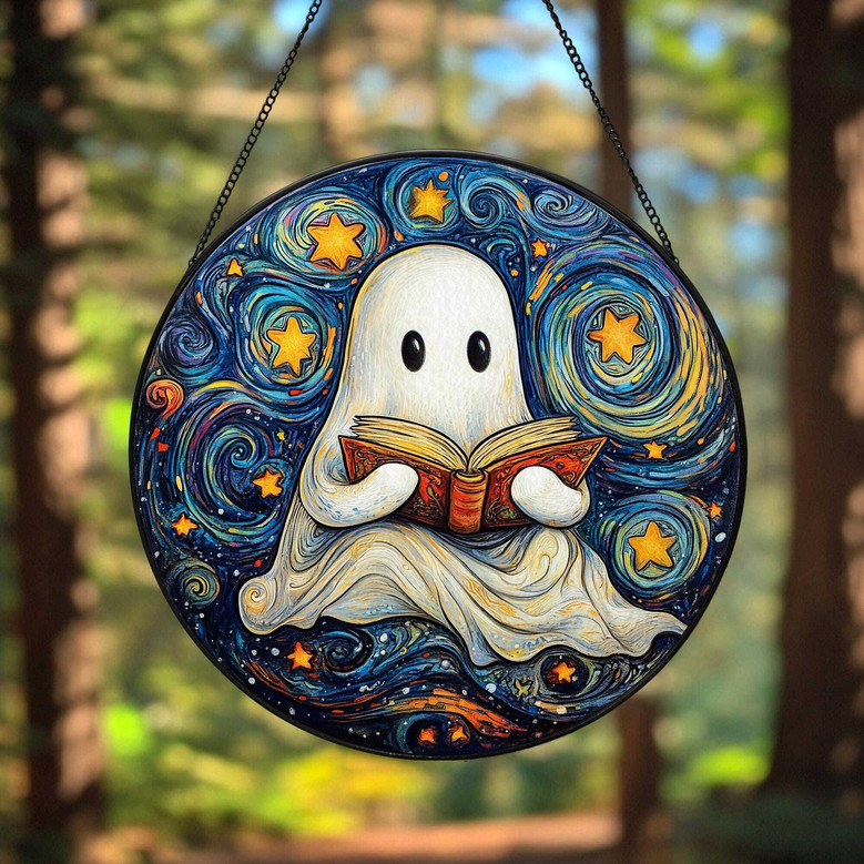Halloween Ghost Reading Book Stained Glass Suncatcher - Perfect For Book Lovers And Library DéCor