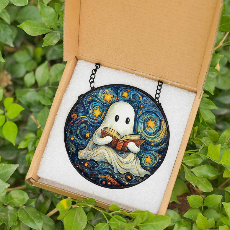 Halloween Ghost Reading Book Stained Glass Suncatcher - Perfect For Book Lovers And Library DéCor