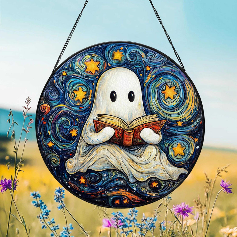Halloween Ghost Reading Book Stained Glass Suncatcher - Perfect For Book Lovers And Library DéCor