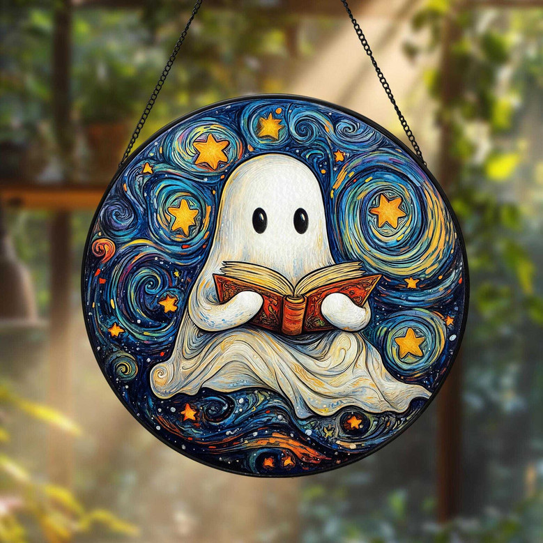 Halloween Ghost Reading Book Stained Glass Suncatcher - Perfect For Book Lovers And Library DéCor