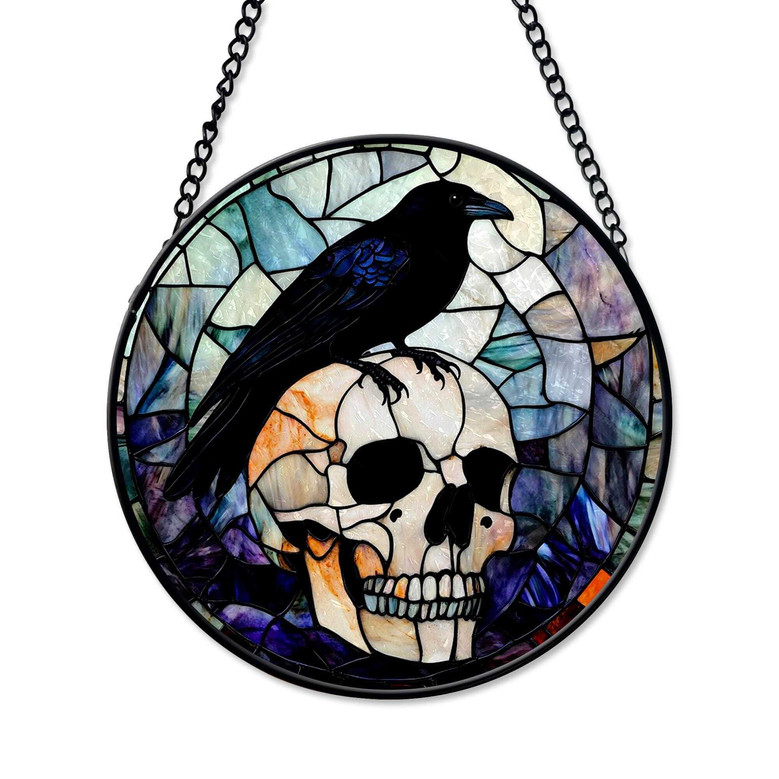 Halloween Raven And Skeleton Stained Glass Suncatcher - Spooky Window DéCor For Home