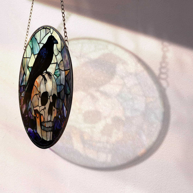 Halloween Raven And Skeleton Stained Glass Suncatcher - Spooky Window DéCor For Home