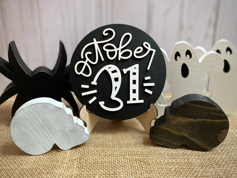 Spooky 3D Round Halloween Wood Sign Decor For Tiered Tray And Shelf - Trick Or Treat Home Accent