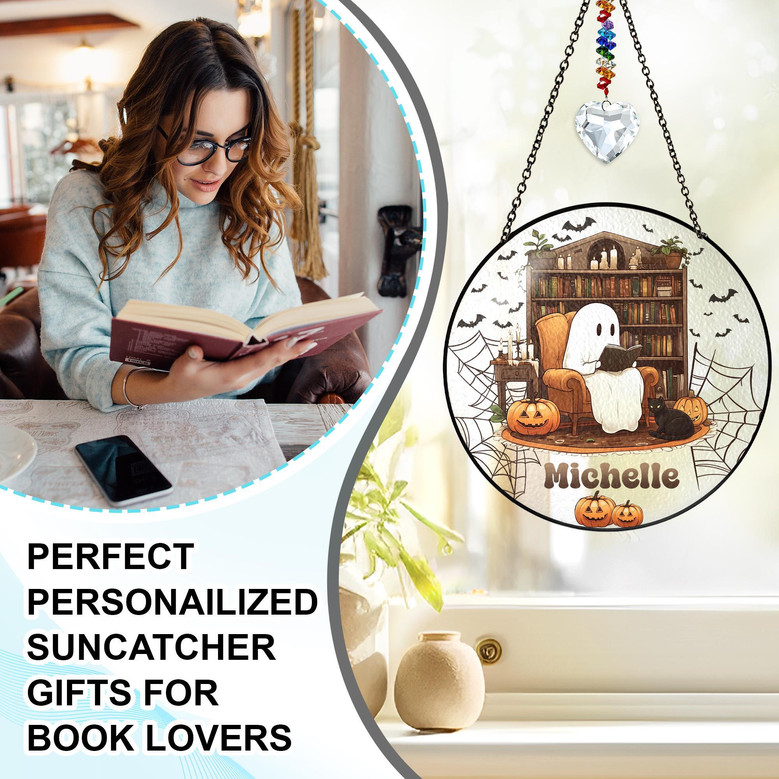 Cute Ghost Reading Book Suncatcher - Personalized Indoor Decor For Book Lovers At Halloween