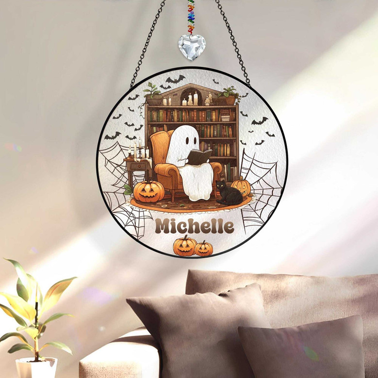 Cute Ghost Reading Book Suncatcher - Personalized Indoor Decor For Book Lovers At Halloween