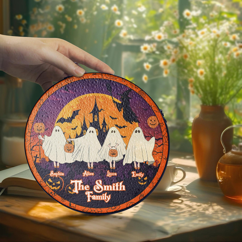 Halloween ghost family stained glass suncatcher, made to order, playful fall accent for sunroom or patio window