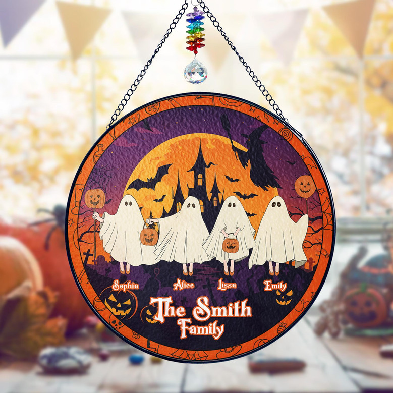 Halloween ghost family stained glass suncatcher, personalized family lineup, Halloween gift for parents/grandparents